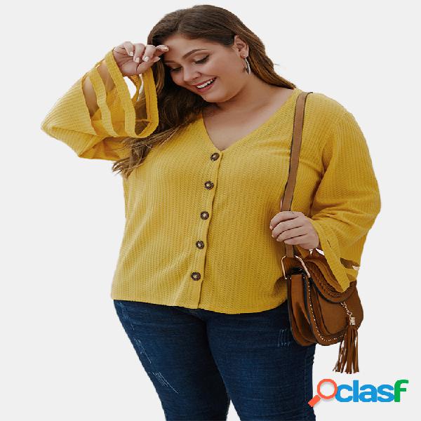 Botão de cor sólida com decote em v Plus Blusa solta de