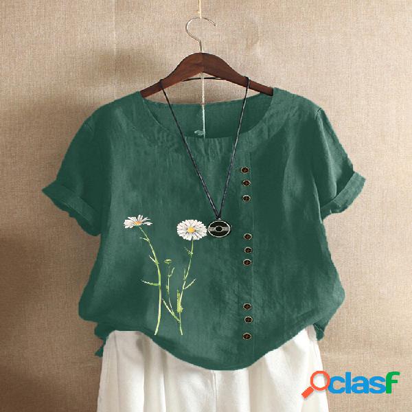 Botão de impressão de flores Plus Tamanho Camiseta