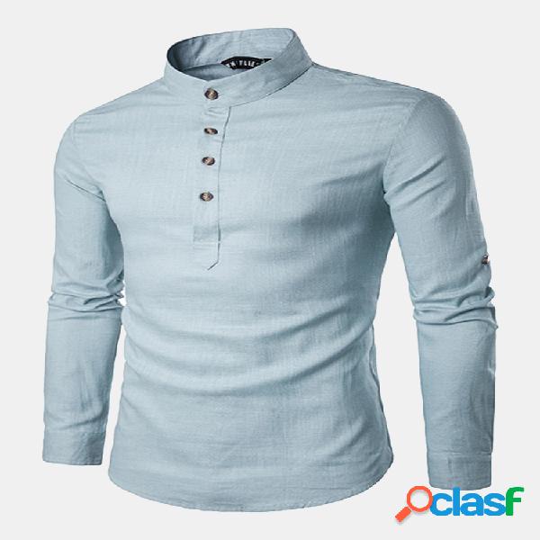 Camisa de Linho Respirável Gola Chinês T-shirt Fecho de