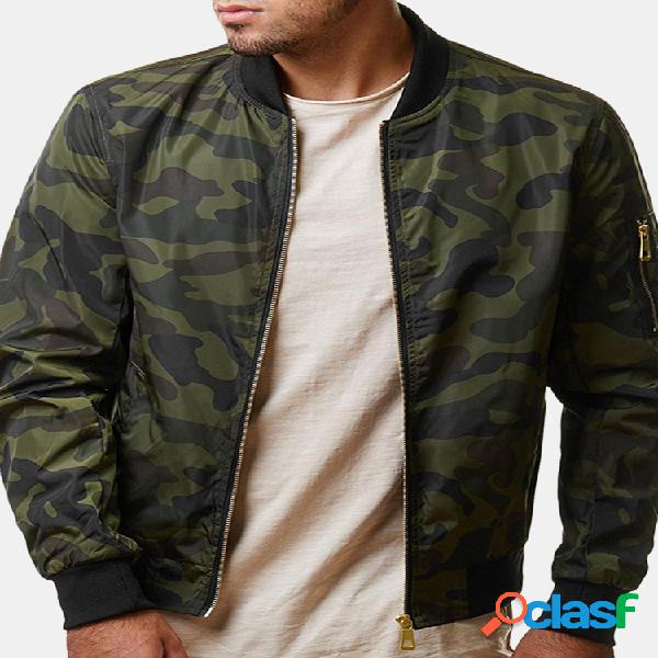 Camuflagem Militar Masculina Stand Collar Arm Zipper Pocket