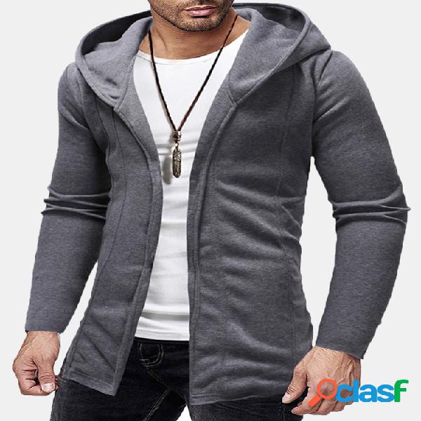 Cardigan com capuz de manga comprida de cor sólida com