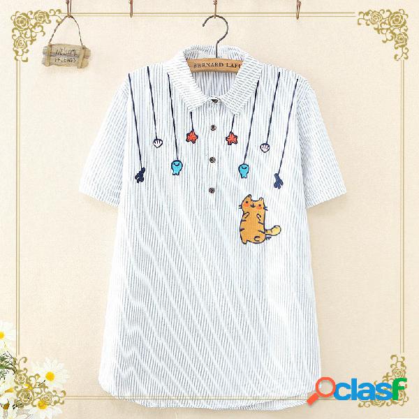 Cartoon Bordado Stripe manga curta Casual camisa solta para