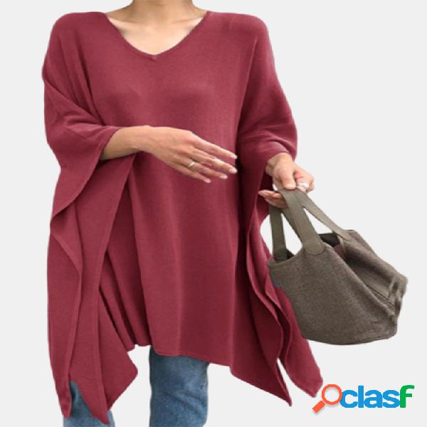 Casual Bat Sleeve Solid Colid V-neck Plus Blusa de tamanho