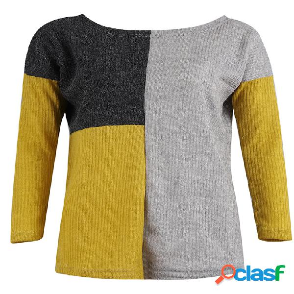 Casual Patchwork Loose Gola Manga Longa Camisola