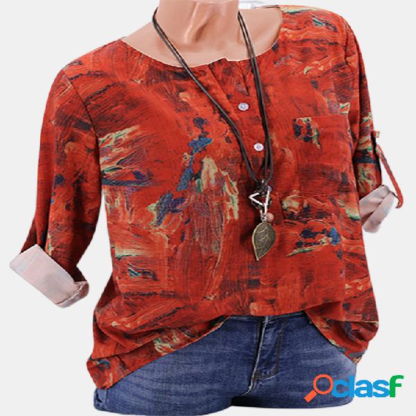 Casual Print Crew Neck Button Camisa de manga comprida