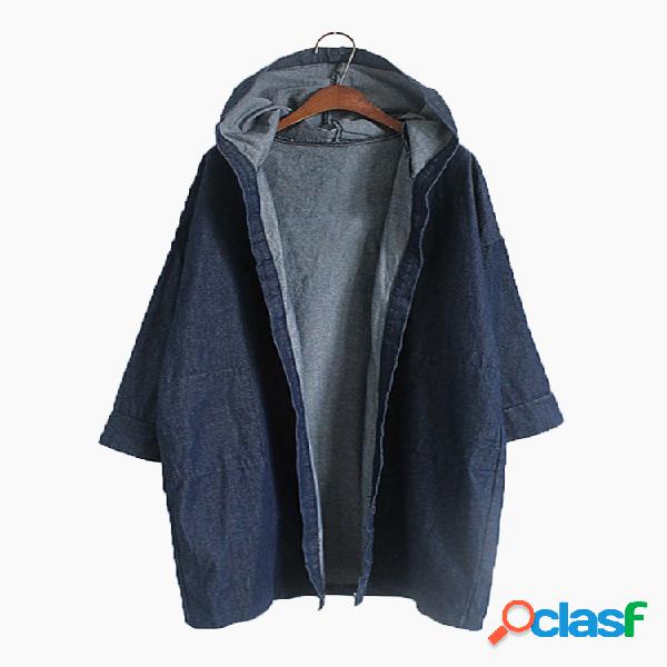 Casual com capuz longo Denim Trench Cardigan