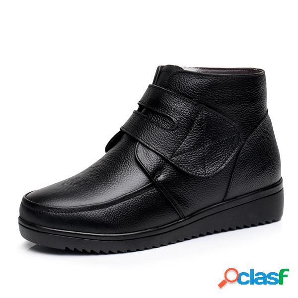 Couro Gancho Loop Pure Color Warm Fur Ankle Boots