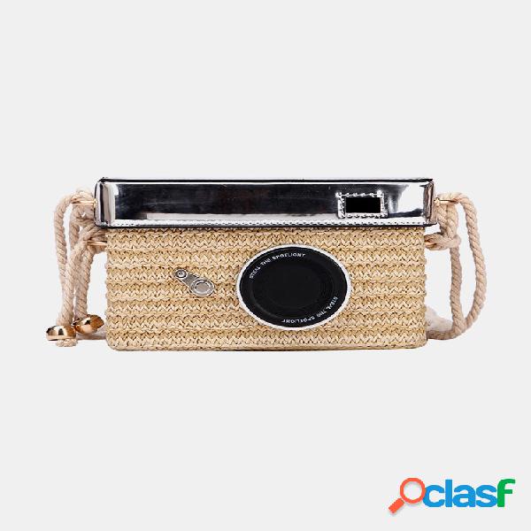 Crossbody de palha em forma de câmera de verão Bolsa