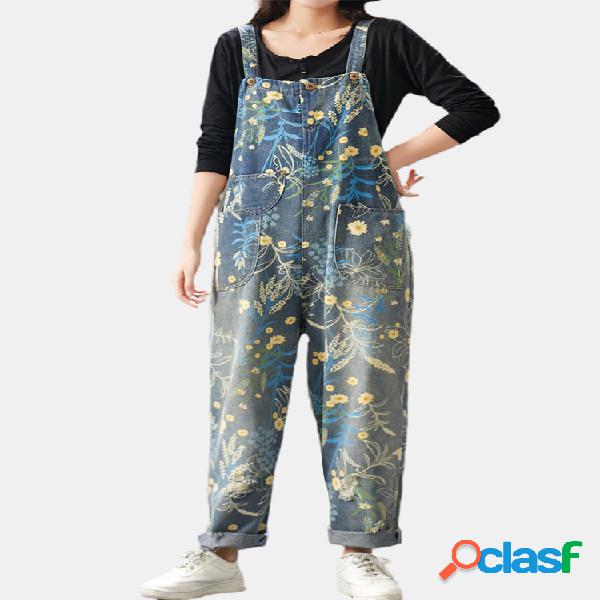 Daisy Flower Print Macacão Casual Com Bolso