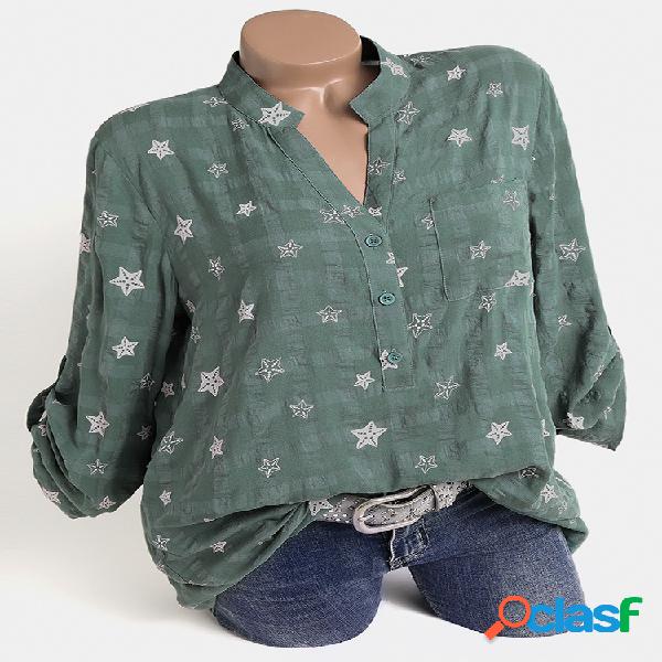 Estrelas Imprimir Decote em V Casual Plus Blusa Tamanho para