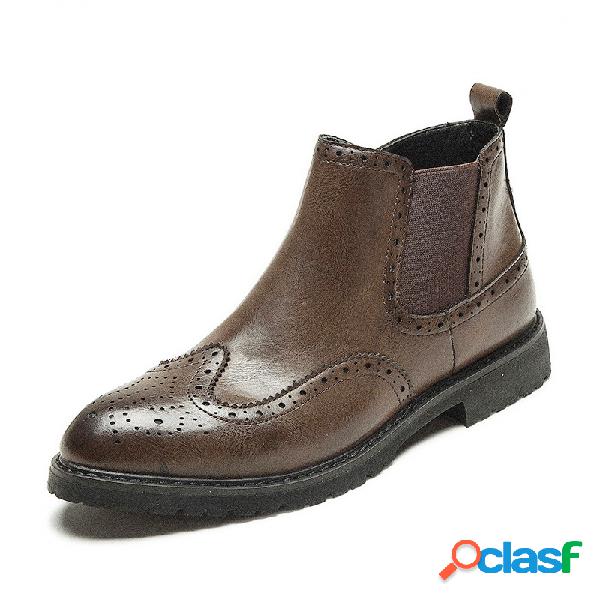 Homens Brogue Esculpido Elastic Slip On Casual Chelsea Boots