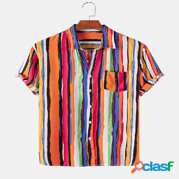 Homens Colorful Listrado listrado imprimir camisas de manga