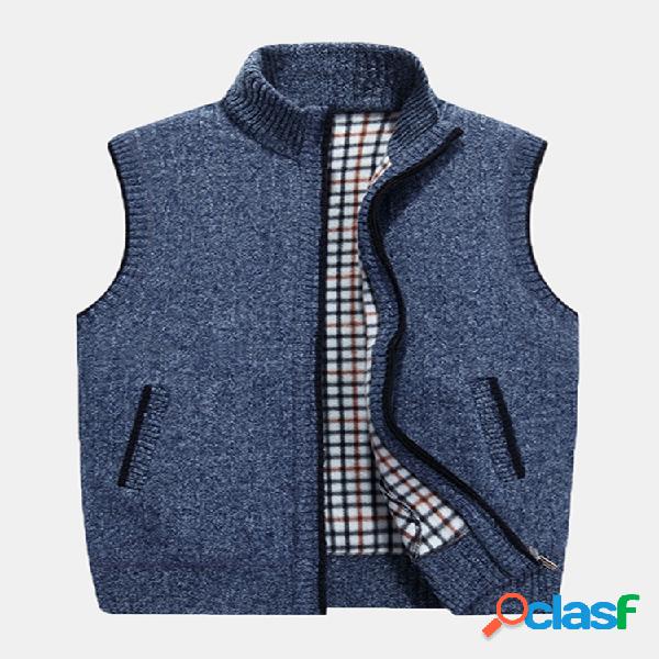 Homens Espessura Quente Cor Sólida Gola Casual Zipper
