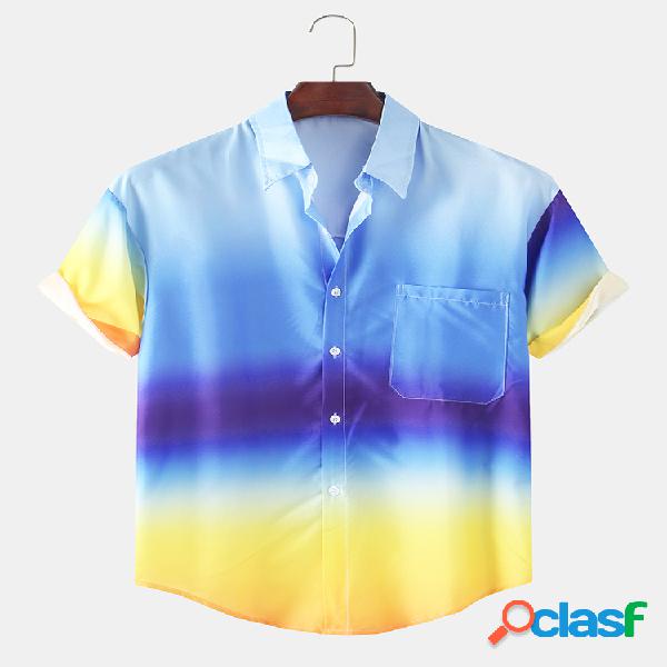 Mens Azul Rosa Amarelo Gradiente Cor Impresso Casual Manga