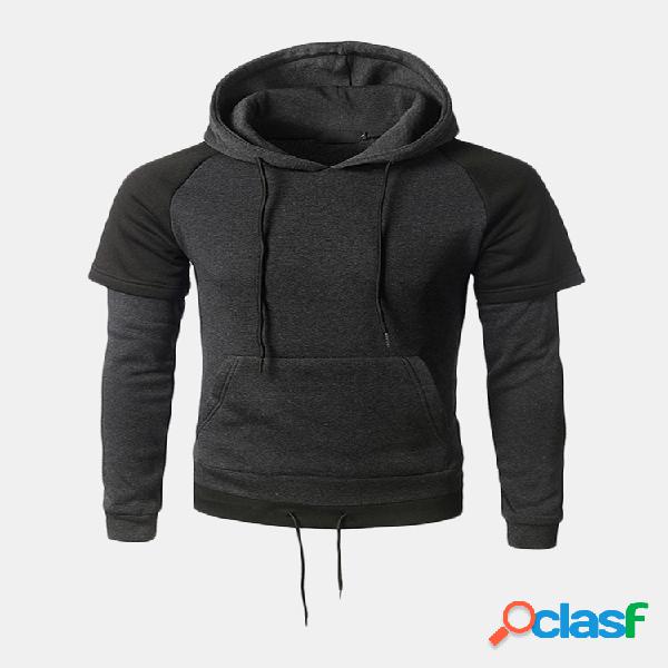 Mens Casual Pullover Cordão Costura Cor Com capuz de