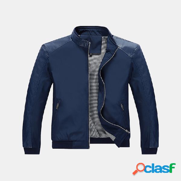 Mens Casual Slim Warm Windproof Solid Color PU Leather
