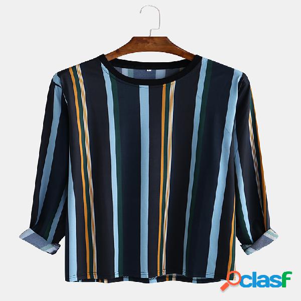 Mens Casual Two Tune Striped manga comprida O Neck Camisetas