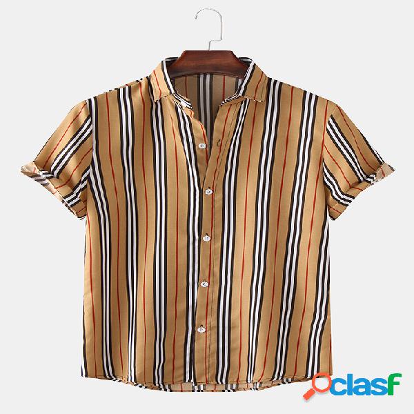 Mens Classic Listrado manga curta Casual Loose Turn Down