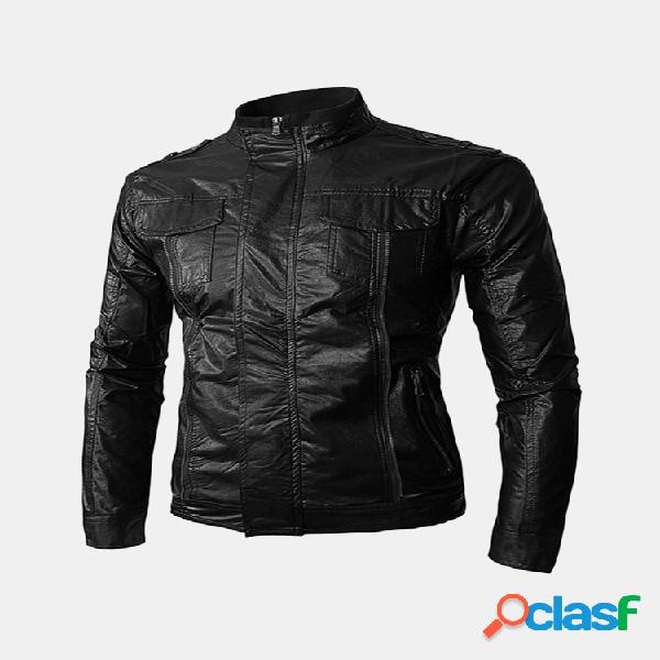Mens Couro Motocicleta PU Cor Sólida Gola Zip Up Casual