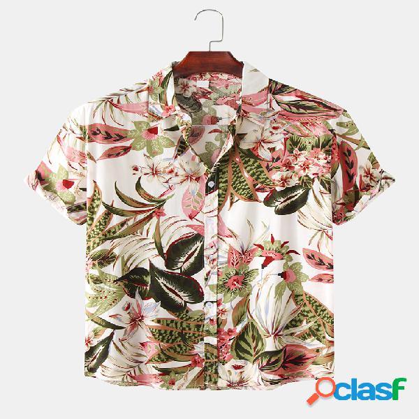 Mens Elegant Óleo Print Folha Turn Down Collar Casual