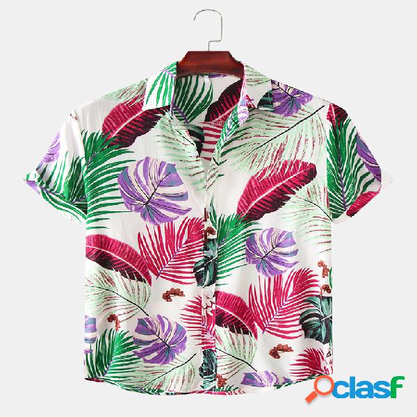 Mens Hawaii Planta Folha Turn Down Collar Camisas de manga