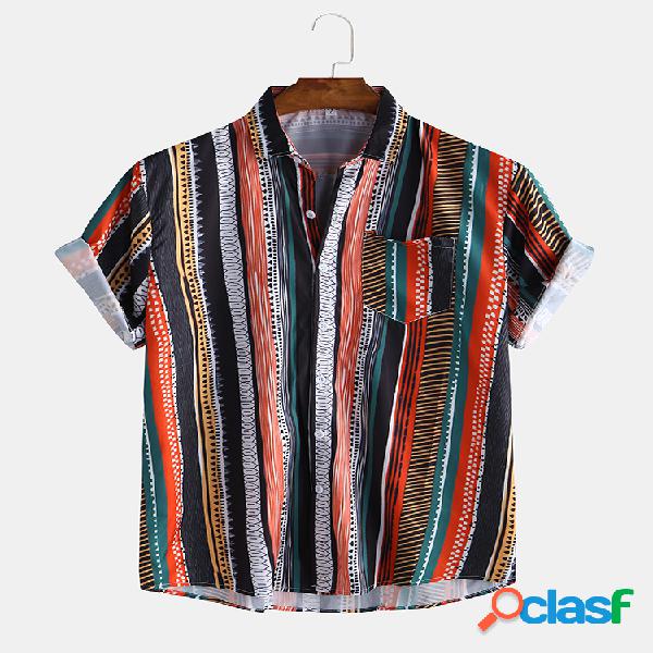 Mens Multi Color Stripe Chest Pocket Camisas de manga curta