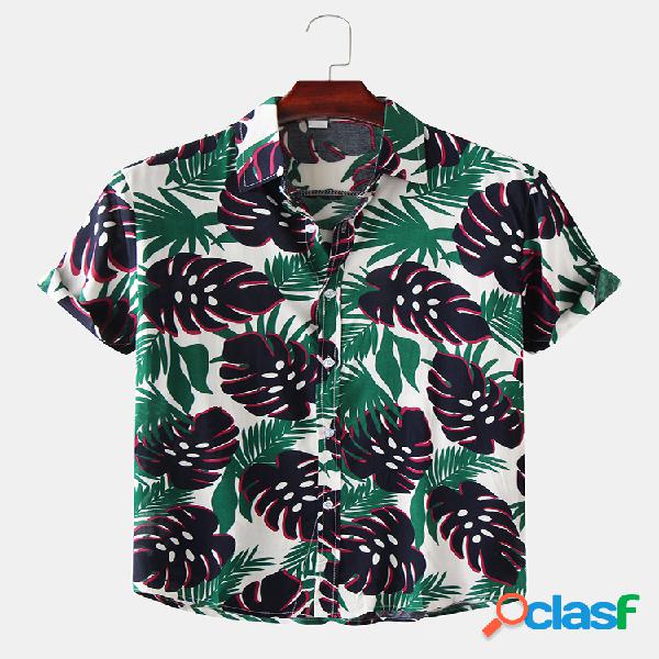 Mens Planta Folha Turn Down Collar camisas de manga curta