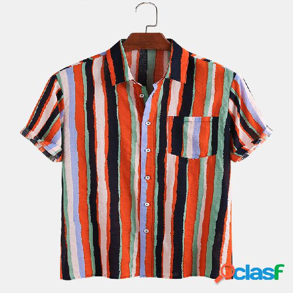 Mens algodão respirável Colorful listrado camisas de manga