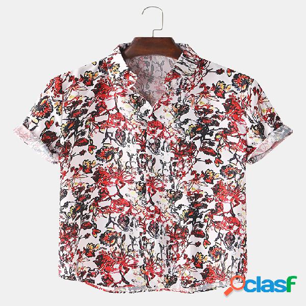 Mens pintados à mão Floral Casual Lapel Collar manga curta