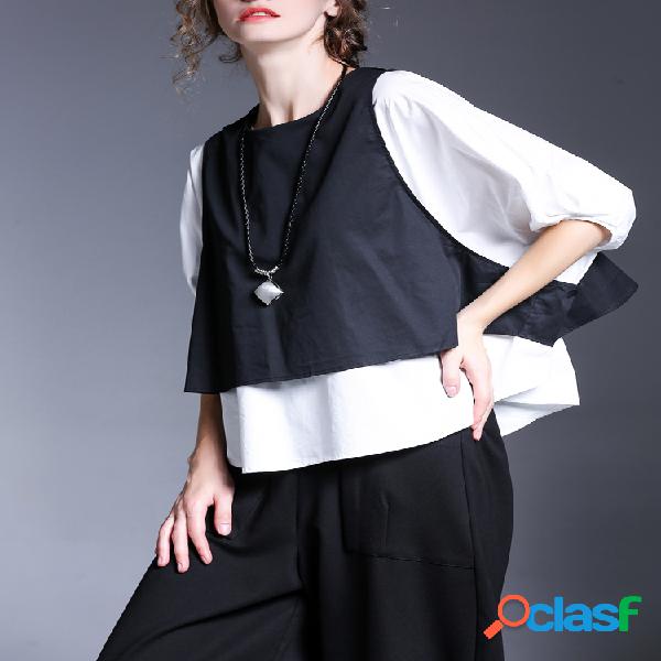 Miting Camisa Casual Solta Feminina de Retalhos