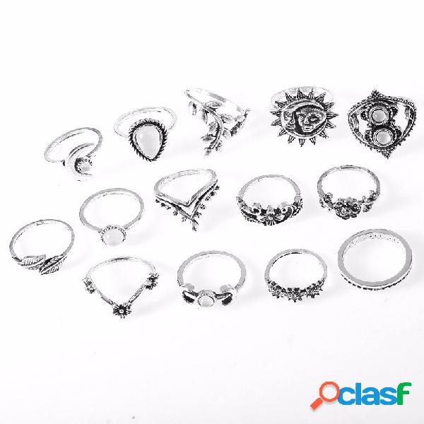 Moda Girassol Lua Sol Anéis Set 14 Peça Strass Anel Kit