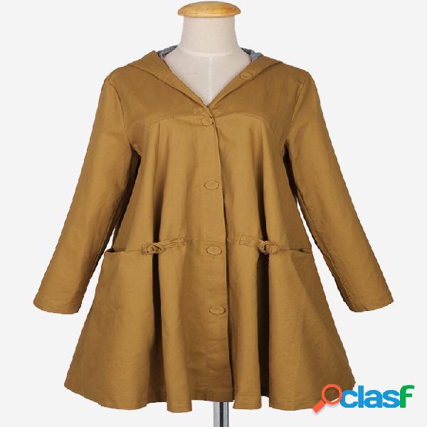 Moda cor sólida uma linha com capuz Trench Coat