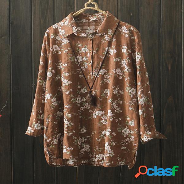 Pulôver floral de mangas compridas solto Camisa