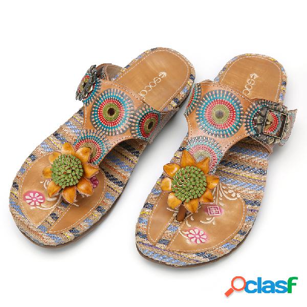 SOCOFY Bohemia Floral Buckle Strap Flip Flop Thongs