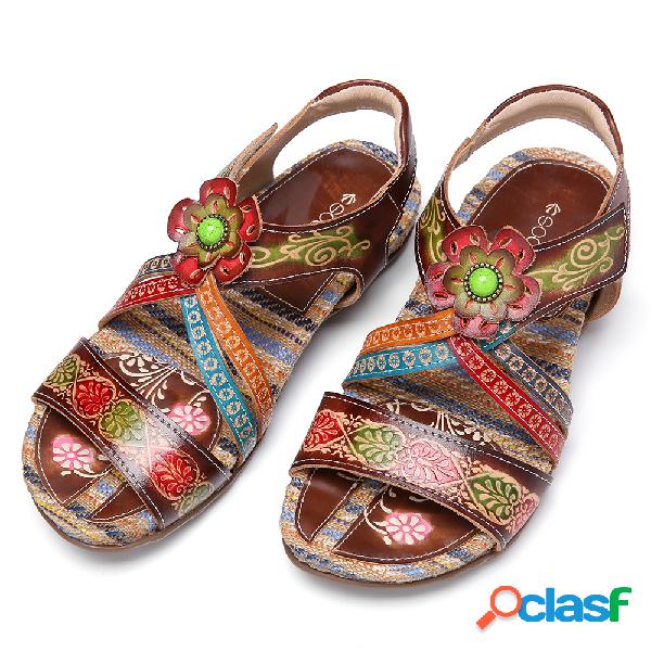 SOCOFY Couro retro frisado Floral Strappy Gancho Sandálias