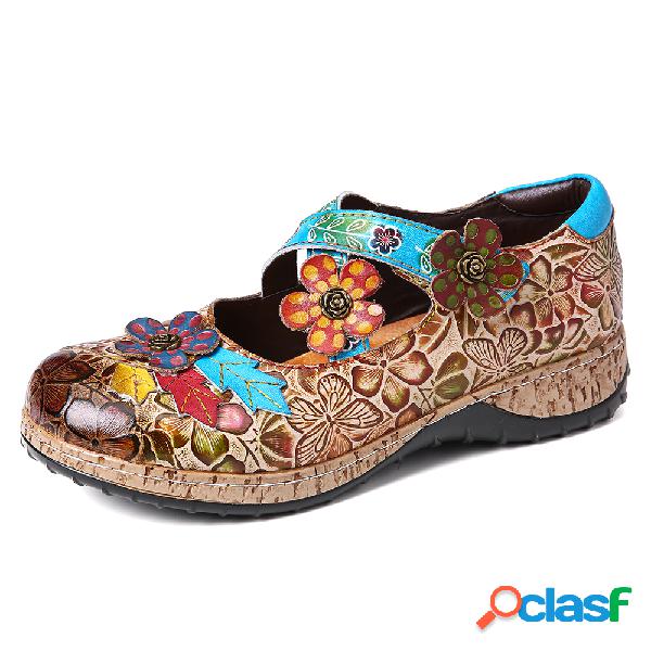 SOCOFY Retro Printing Couro Genuíno Emenda Floral Folkways