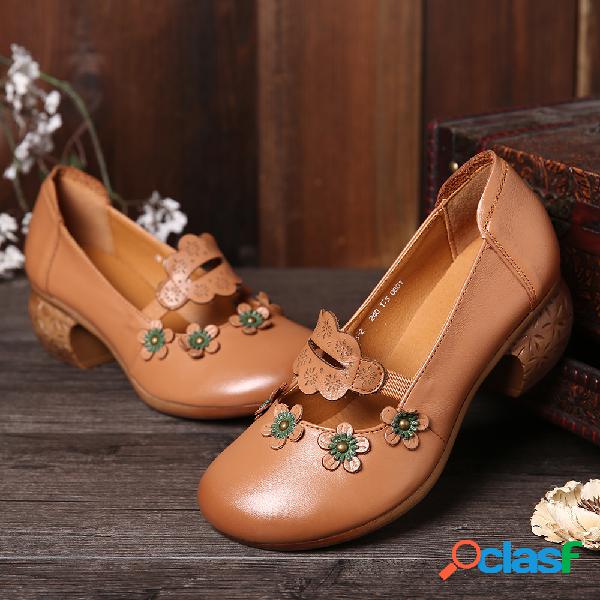 SOCOFY Splicing Retro Floral Elastic Banda Couro Genuíno