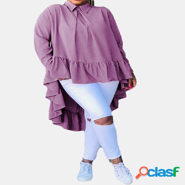 Solid Color Flouncing Manga comprida Casual Camisa Para