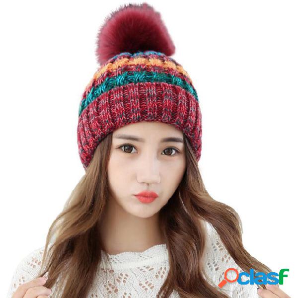 Tricô de lã Chapéu Bola cor tira gorro de cor mista