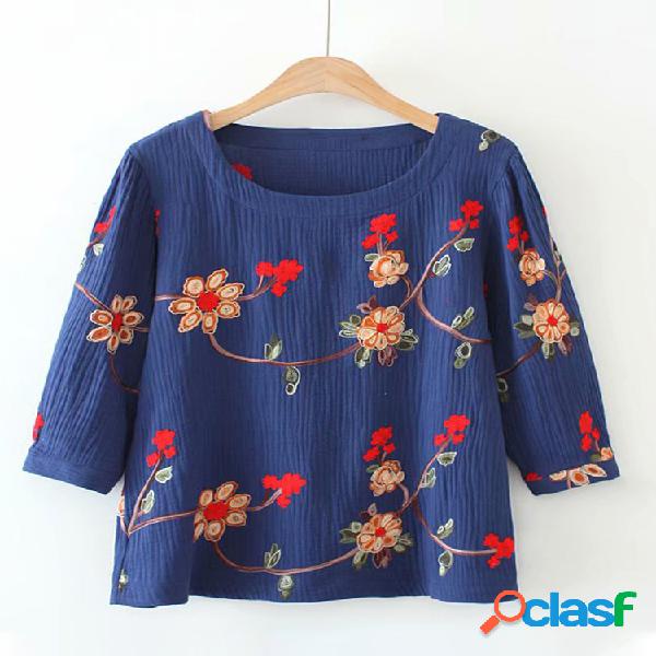 Vintage Floral Printed Half Sleeve O-Neck Blusa