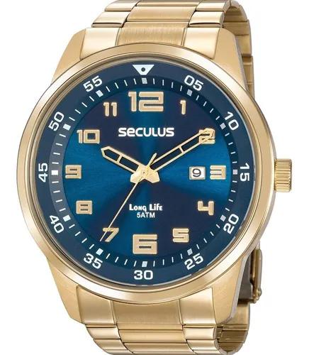 Relógio Seculus Masculino Dourado Grande - Fundo Azul