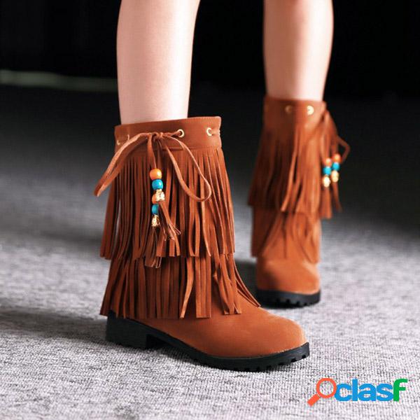 Big Size Tassel Bead Ankle Slip On Flat Boots
