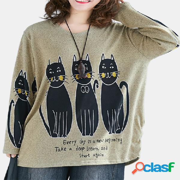 Blusa Crewneck de manga comprida com estampa de gatos
