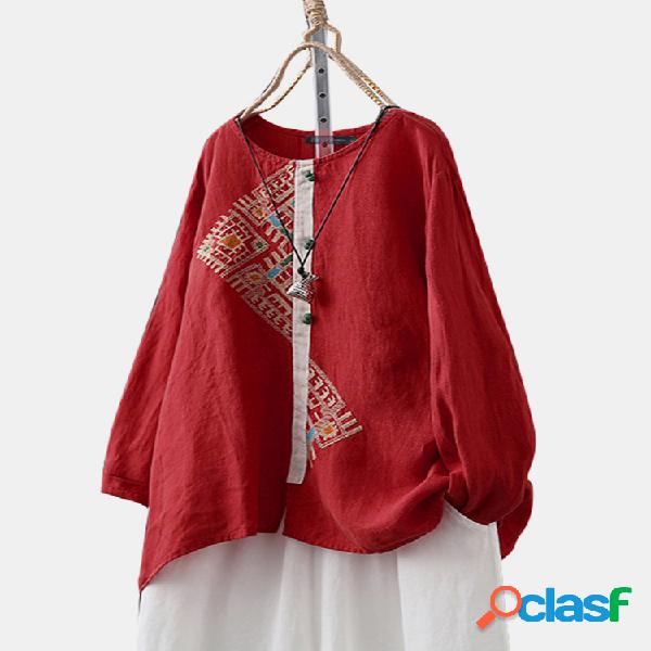 Blusa bordada feminina de manga longa com patch