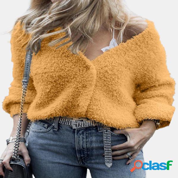 Blusa de botão com decote em v de cor sólida