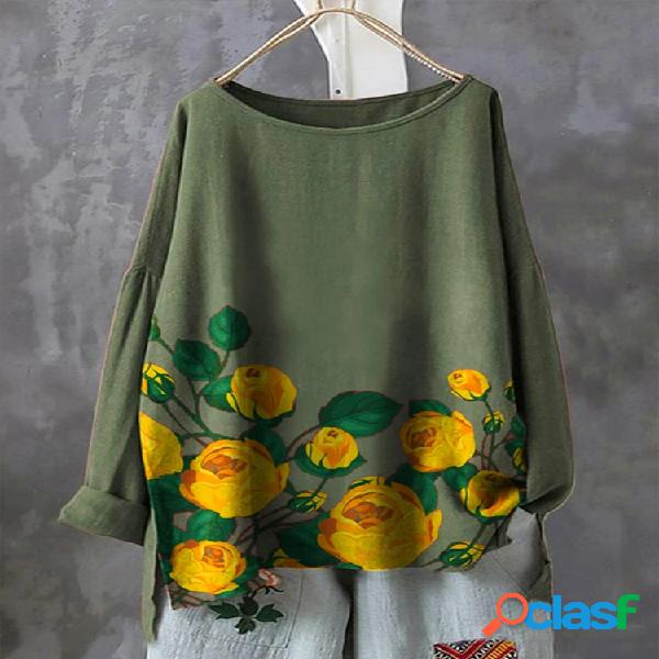 Blusa estampada flores manga comprida Plus