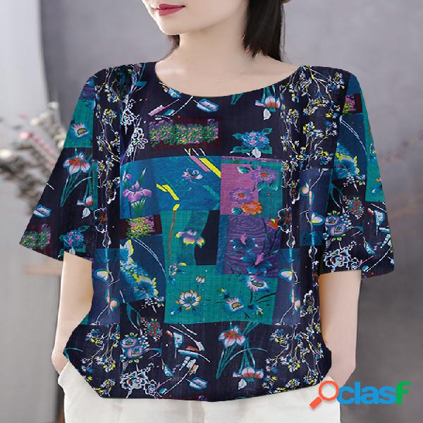 Bohemian Print Half Sleeve Plus Tamanho Floral T-shirt