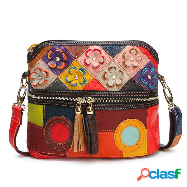 Bolsa A Tiracolo De Couro Genuíno Floral Vintage Boêmio Em