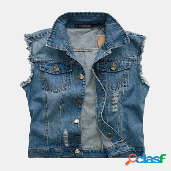 Bolsos de peito azul magro pedra lavada denim colete para