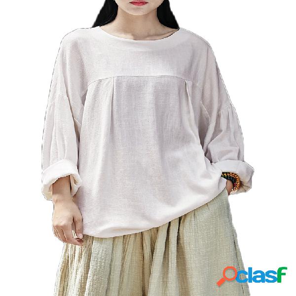 Camisa Folgada Vintage de Costura Cor Pura